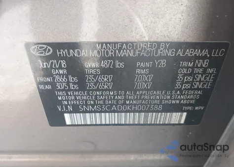 2019 Hyundai Santa Fe Sel from USA, damaged, VIN 5NMS3CAD0KH007388